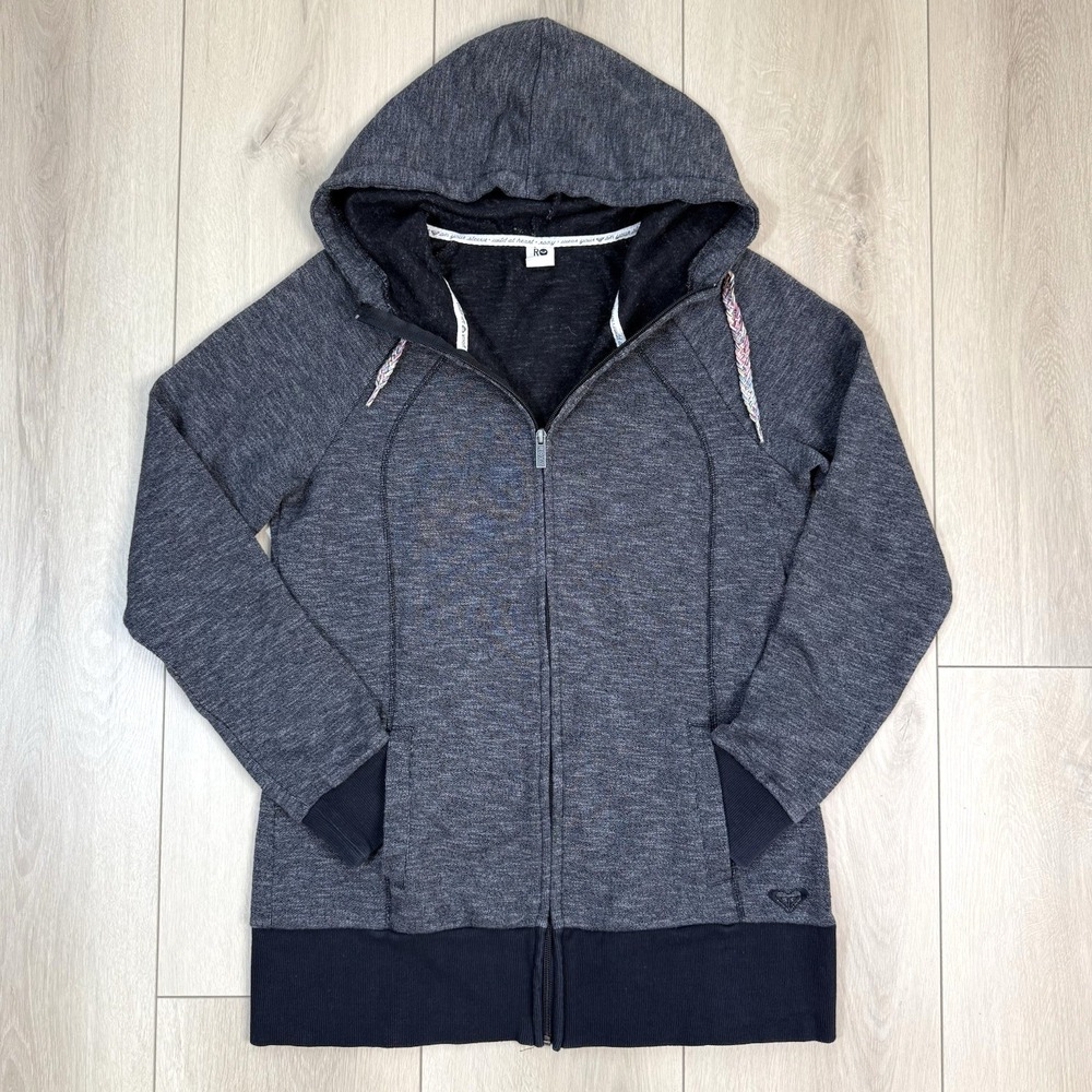 Roxy Hoodie Women's XL Gray Full‎ Zip Sweatshirt Logo Rainbow Drawstring Casual